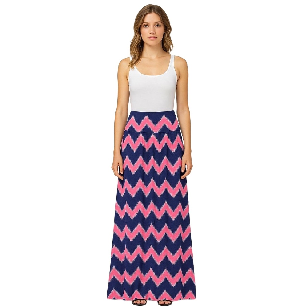 STYLE RACK Womens Maxi Skirt Size M Navy Blue Pink Chevron Print‎ Stretch